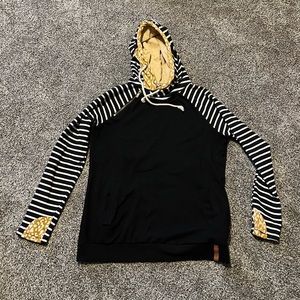 Ampersand Avenue Double Hood Sweatshirt Womens Large Black Hoodie stripe details